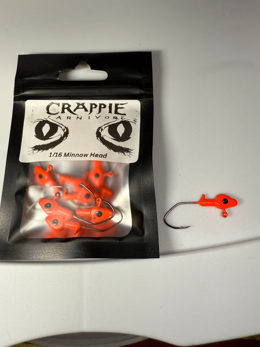 Minnow Jig Head 10/Pack in Blaze Orange color, 1/16oz with sickle style #2 hook, ideal for fishing.