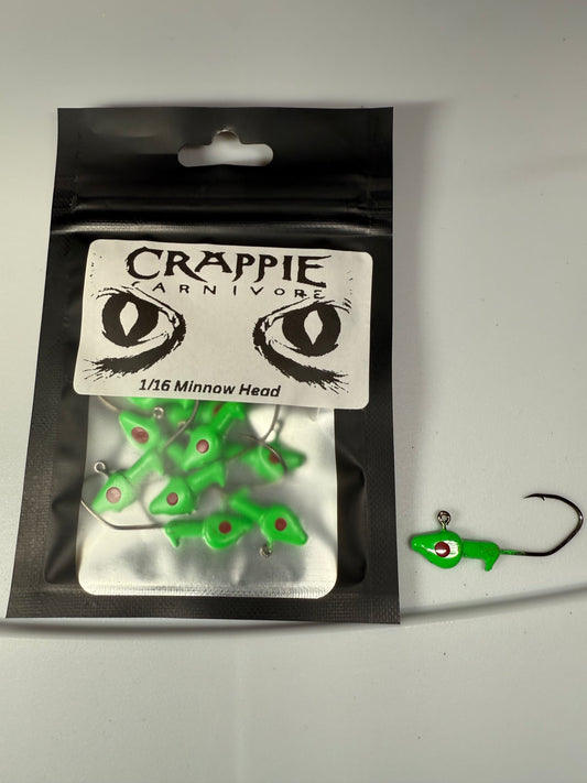Bright green Minnow Jig Heads 10 pack, 1/16oz with sickle style hooks for fishing tackle.