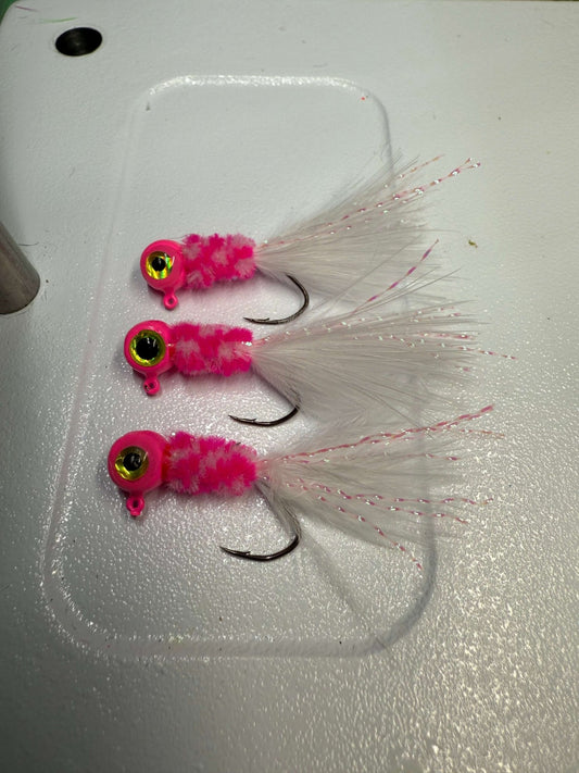 1/16oz Pink & White Hand Tied 3/pack Marabou - Crappie Carnivore