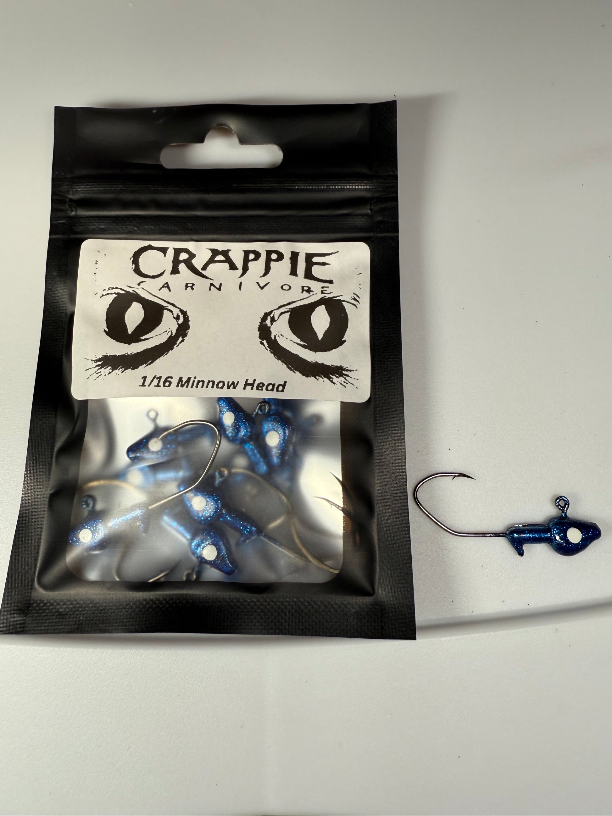 Blue sapphire minnow jig head pack with sickle style hooks, perfect for crappie fishing, 1/16oz size.
