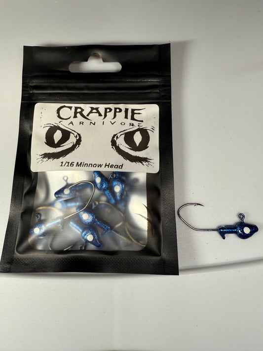 Blue sapphire minnow jig head pack with sickle style hooks, perfect for crappie fishing, 1/16oz size.