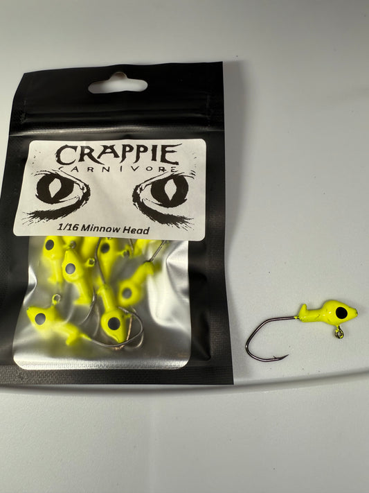 Minnow jig head pack in chartreuse color, 1/16oz size, featuring sickle style hook #2 for fishing enthusiasts.