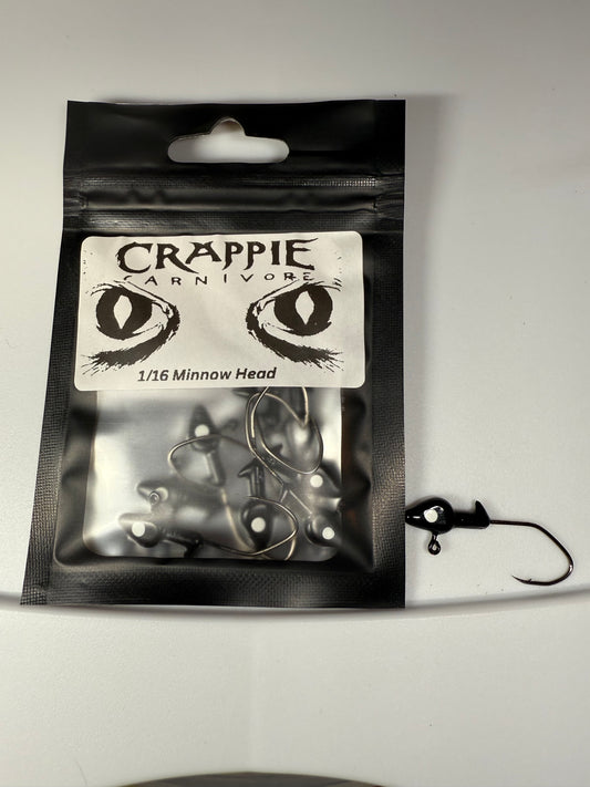 Minnow Jig Head pack, 10/pack, black color, 1/16oz with sickle style hook #2, ideal for fishing enthusiasts.